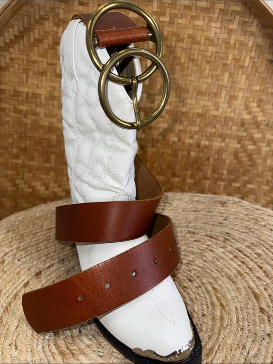 Accessories - Genuine Leather Double Ring Belt Cognac Brown Brass Buckle Size L